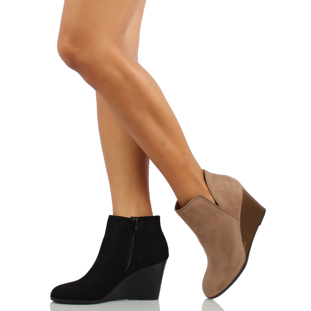 Taupe Faux Suede V cut Stacked Wedge Ankle Bootie - Picture 6 of 7